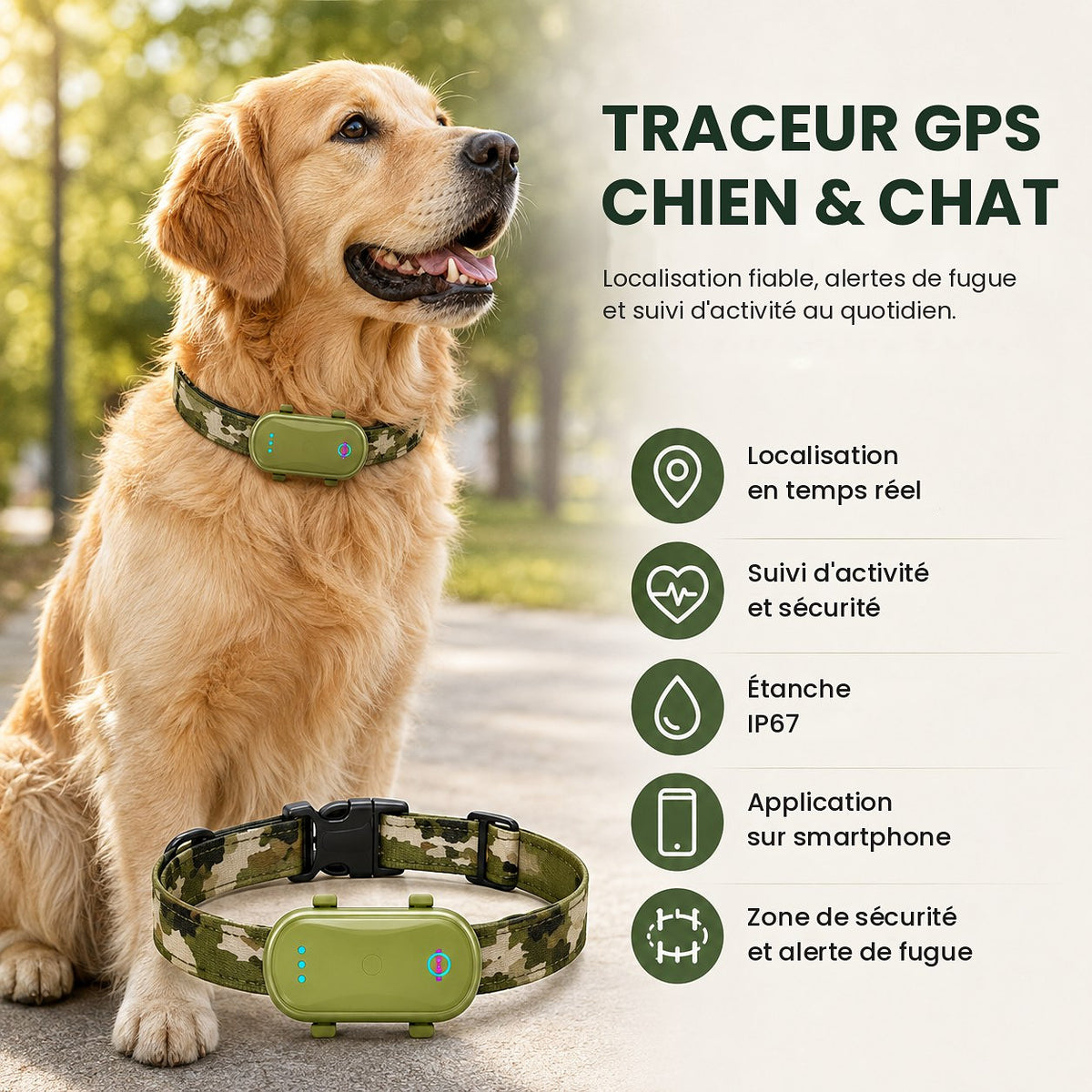 Fonctionnalités du traceur GPS chien et chat : localisation en temps réel, alerte de fugue, étanche IP67