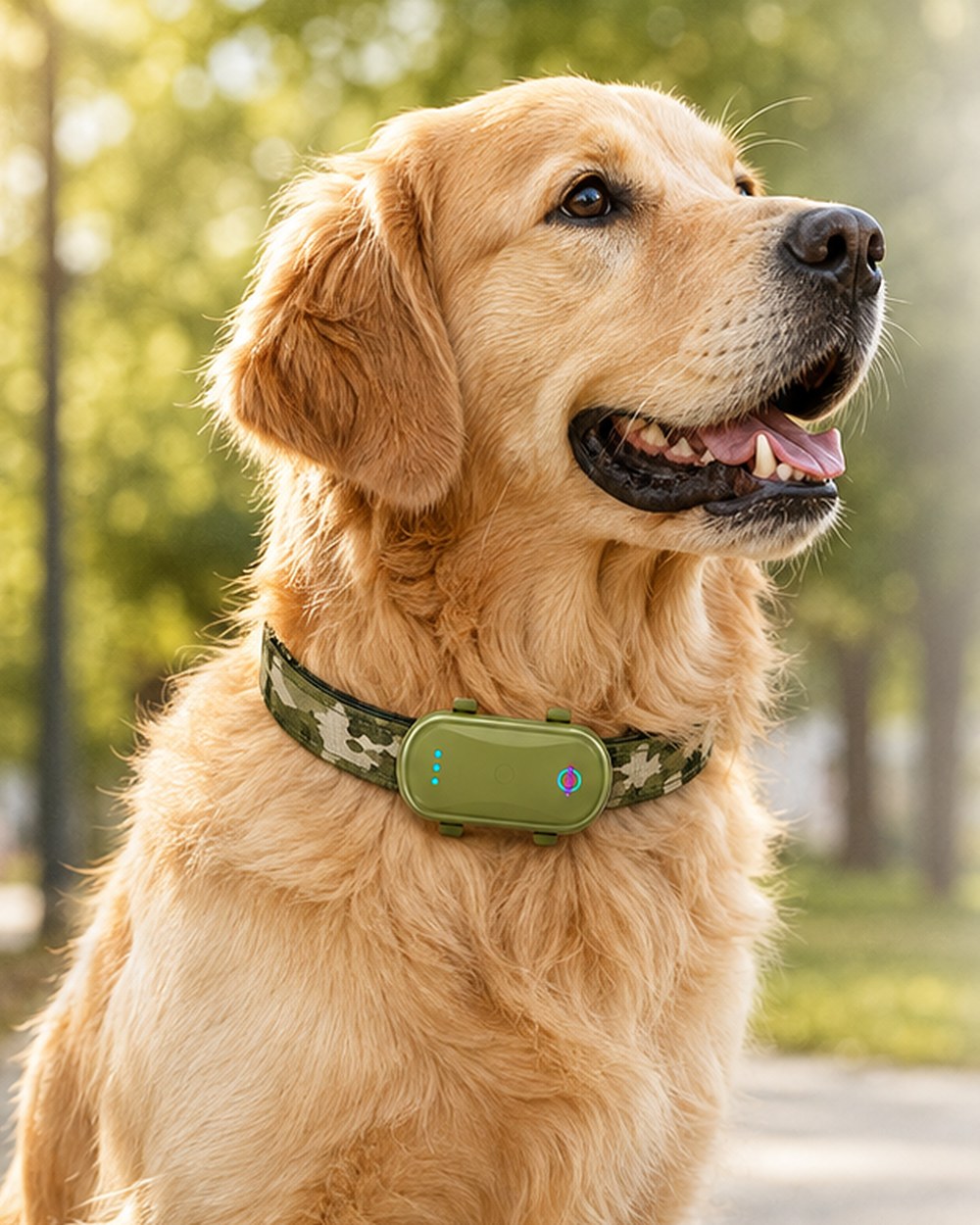 Golden retriever portant un traceur GPS pour chien sur son collier
